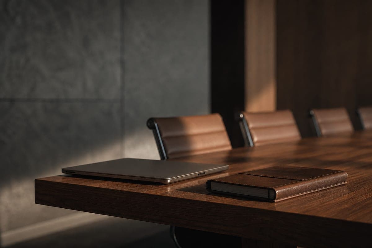 A closed laptop and leather notebook on a long wooden boardroom table in soft daylight