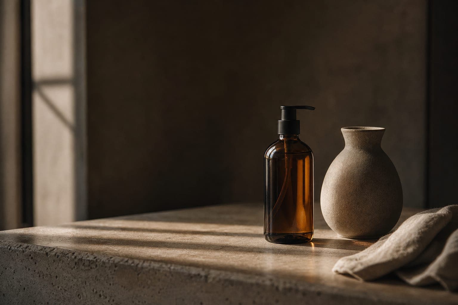 An amber glass bottle and a minimalist ceramic vessel on a warm-lit stone counter in soft daylight