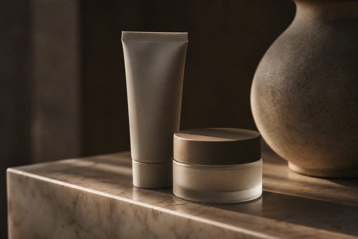 Unbranded minimalist product packaging on a warm stone surface in soft daylight