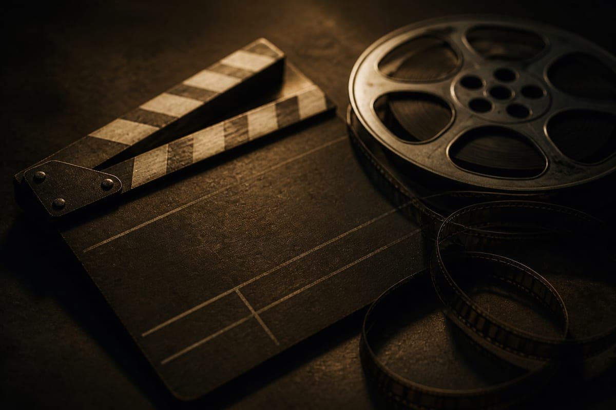 A vintage film clapperboard and film reel on a dark surface in warm directional light