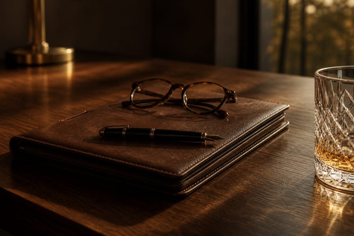 A leather portfolio, fountain pen, and glasses on a warm walnut desk in low light