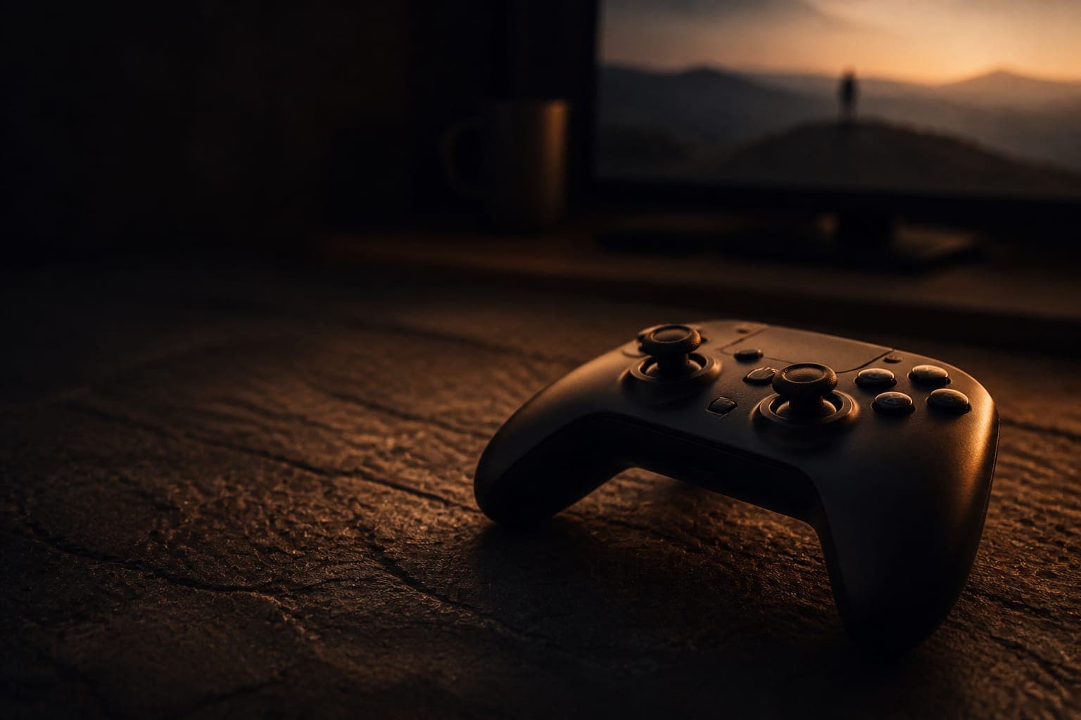 A matte game controller on a dark wood surface lit by warm rim light, a screen glowing in the distance