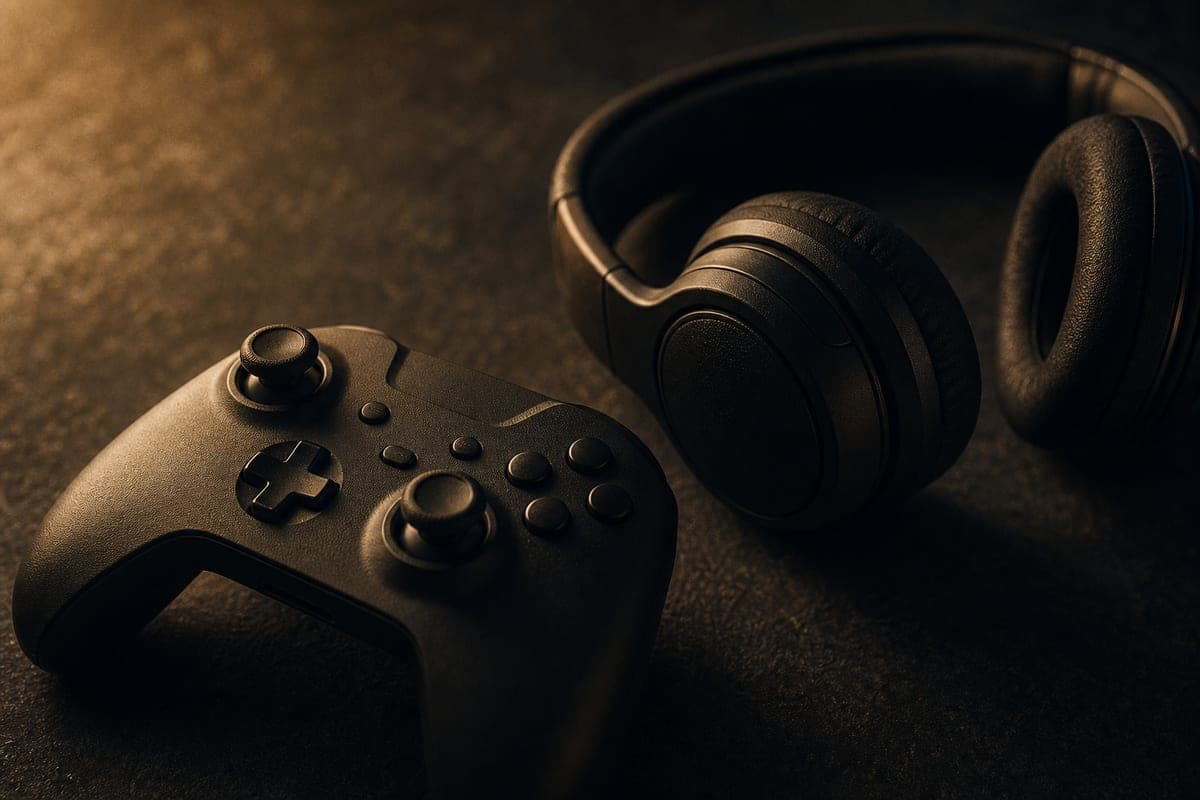 A game controller and over-ear headphones on a dark surface under warm directional light