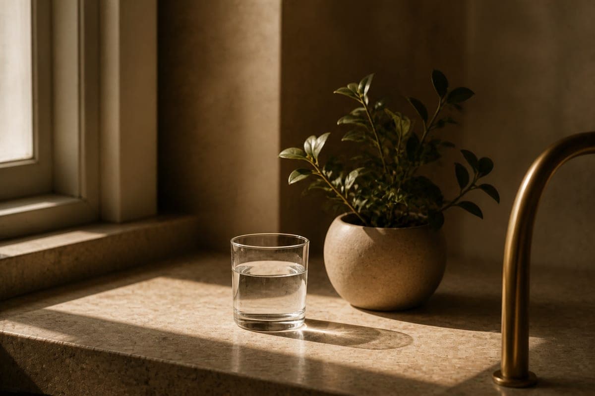 Warm daylight across a glass of water and a small plant on a stone counter