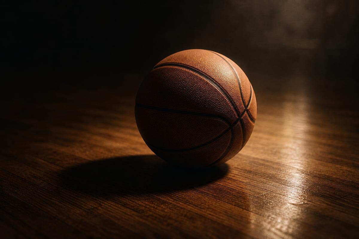 A leather basketball resting on a dark hardwood court under a single warm light