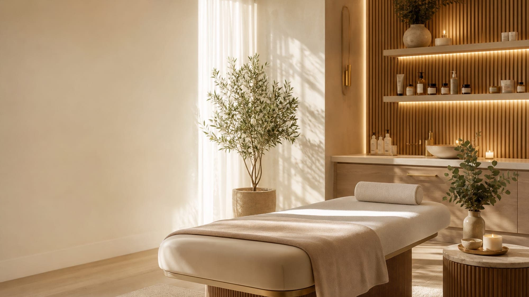 A warm, upscale med-spa treatment room with soft natural light, plants, and a clean treatment table.