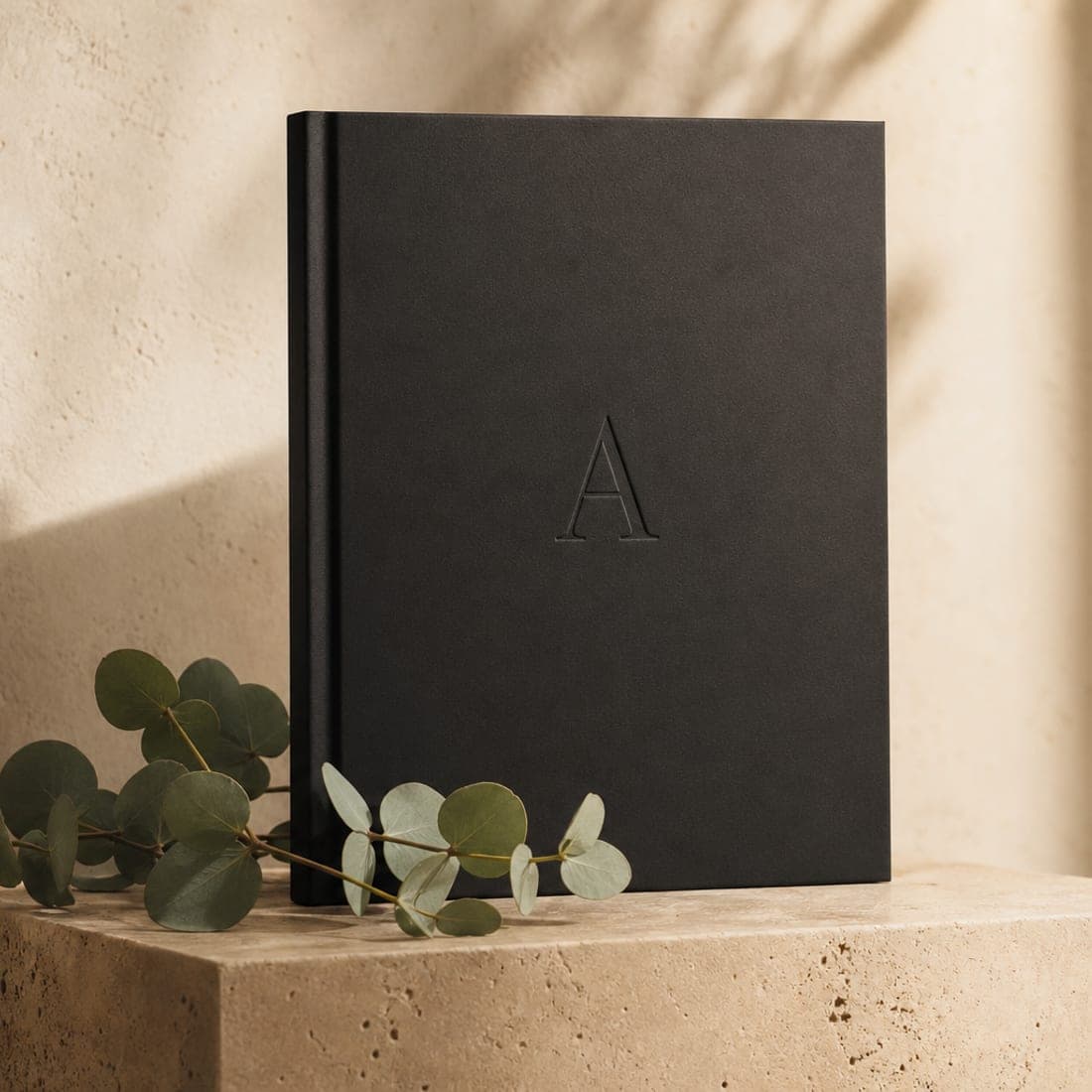 A premium matte-black growth-plan booklet resting on a stone pedestal with eucalyptus.