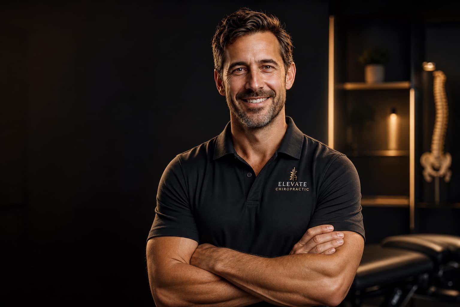 An energetic, confident chiropractor in a modern, active clinic.