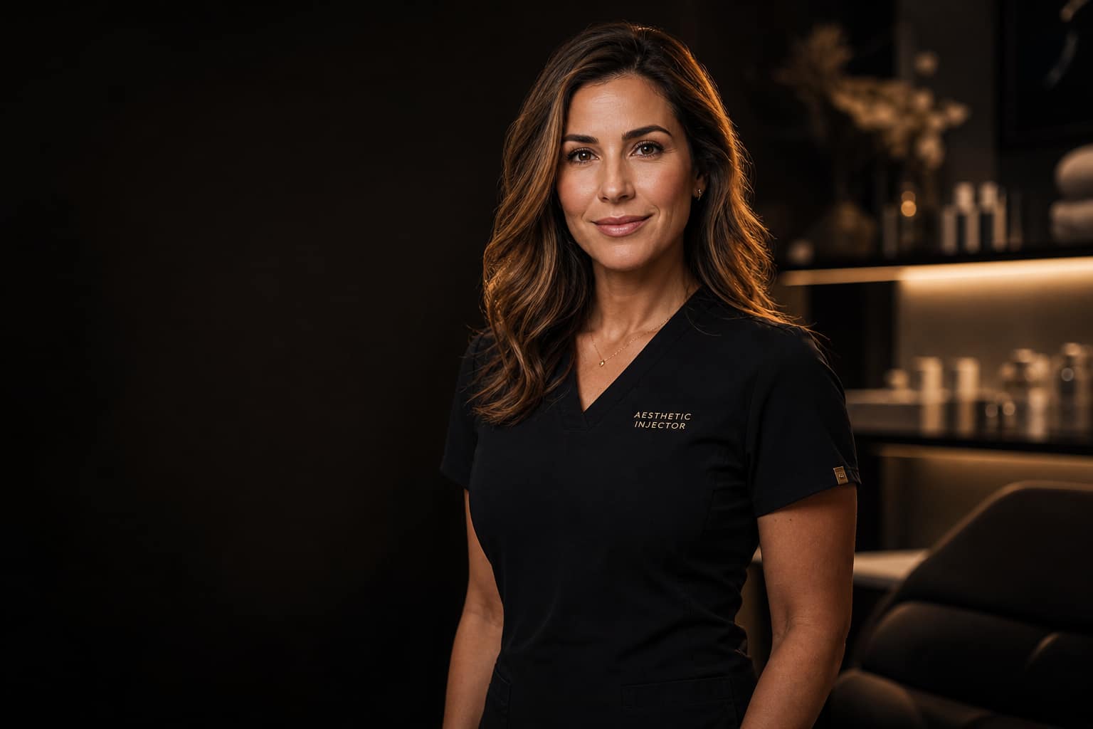 A confident med spa aesthetic injector in scrubs in a modern treatment suite.