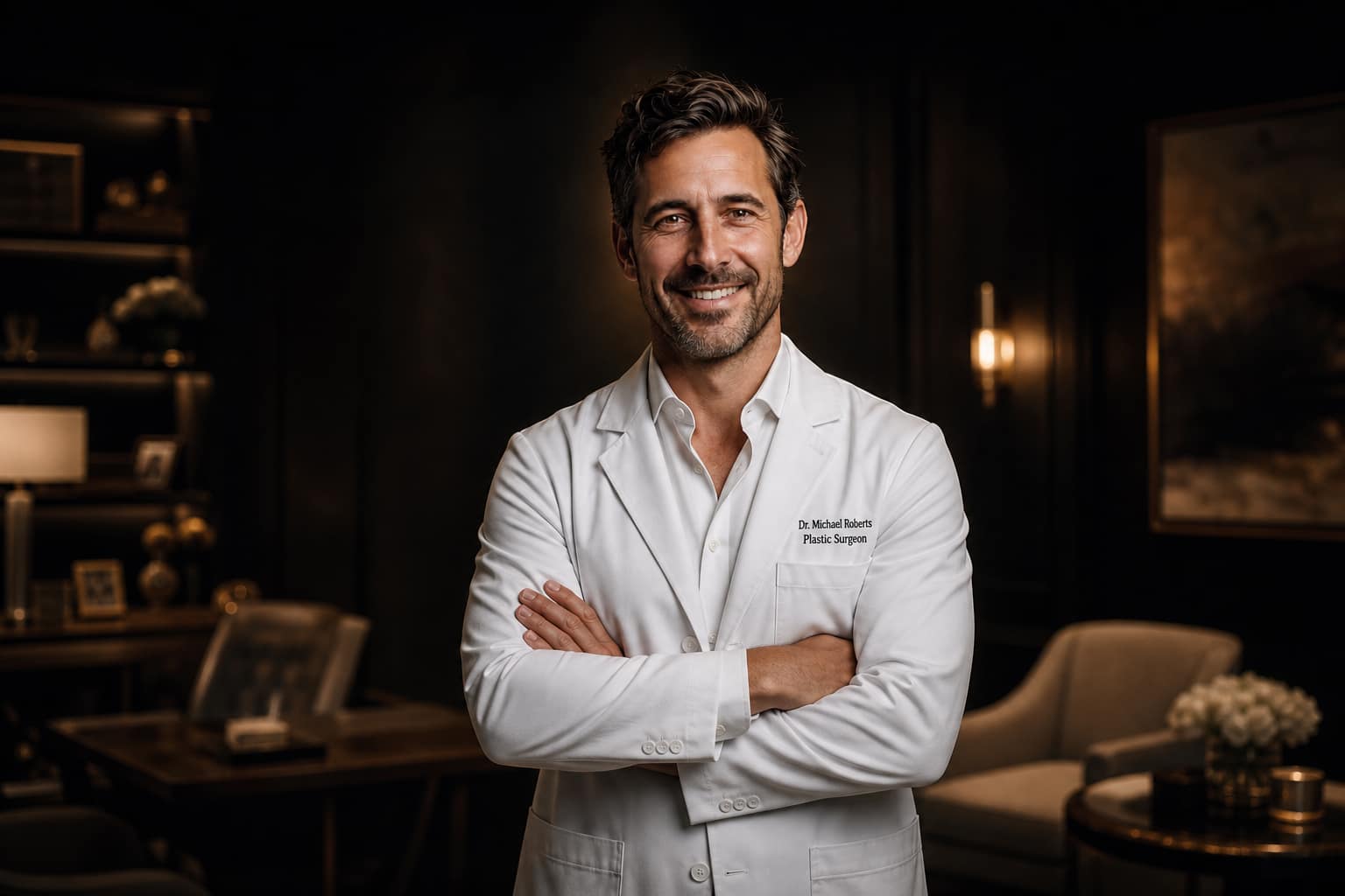 A distinguished plastic surgeon in a tailored white coat in an elegant consultation suite.
