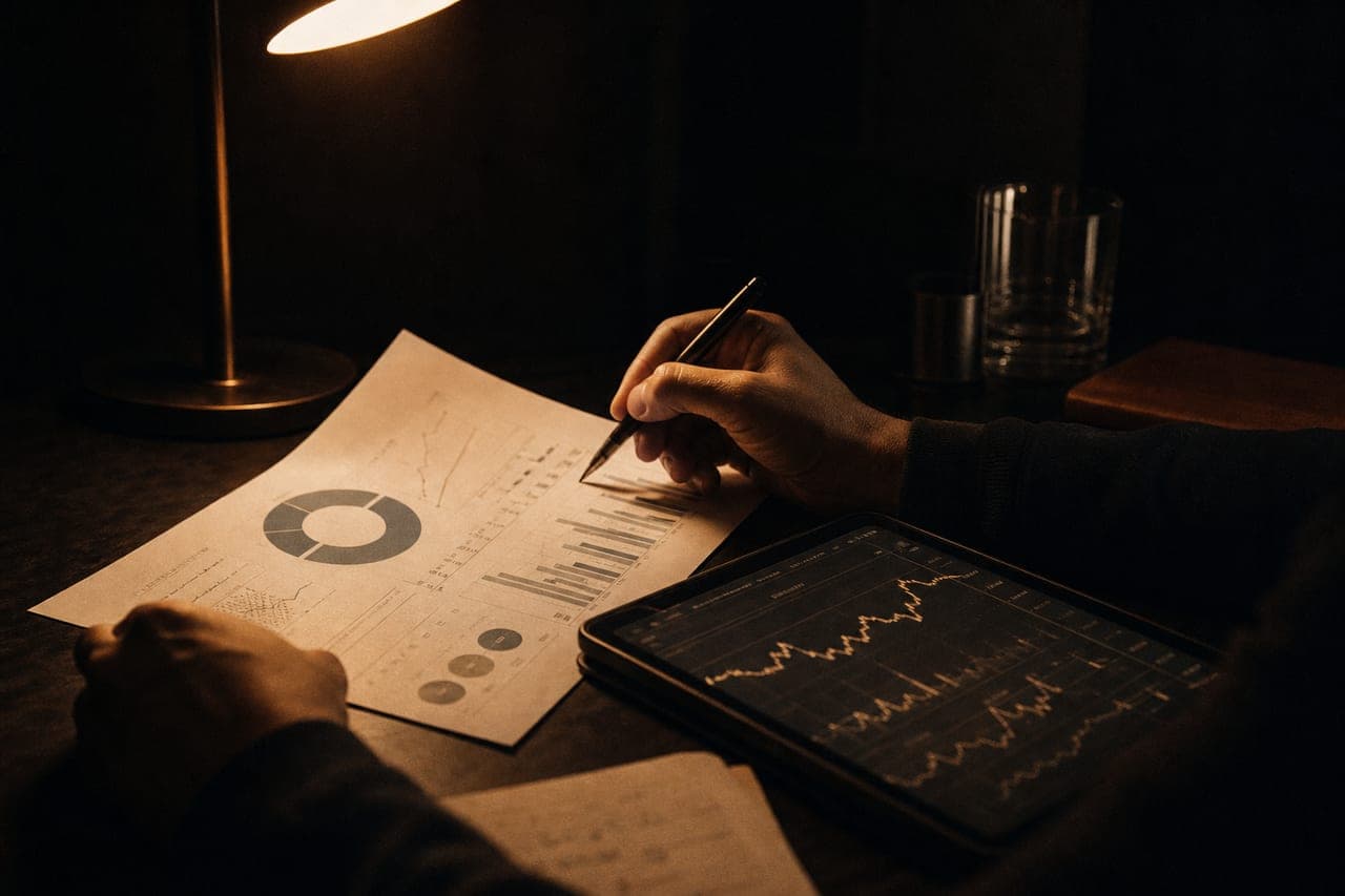 Hands reviewing a printed data report beside a tablet under warm lamplight.