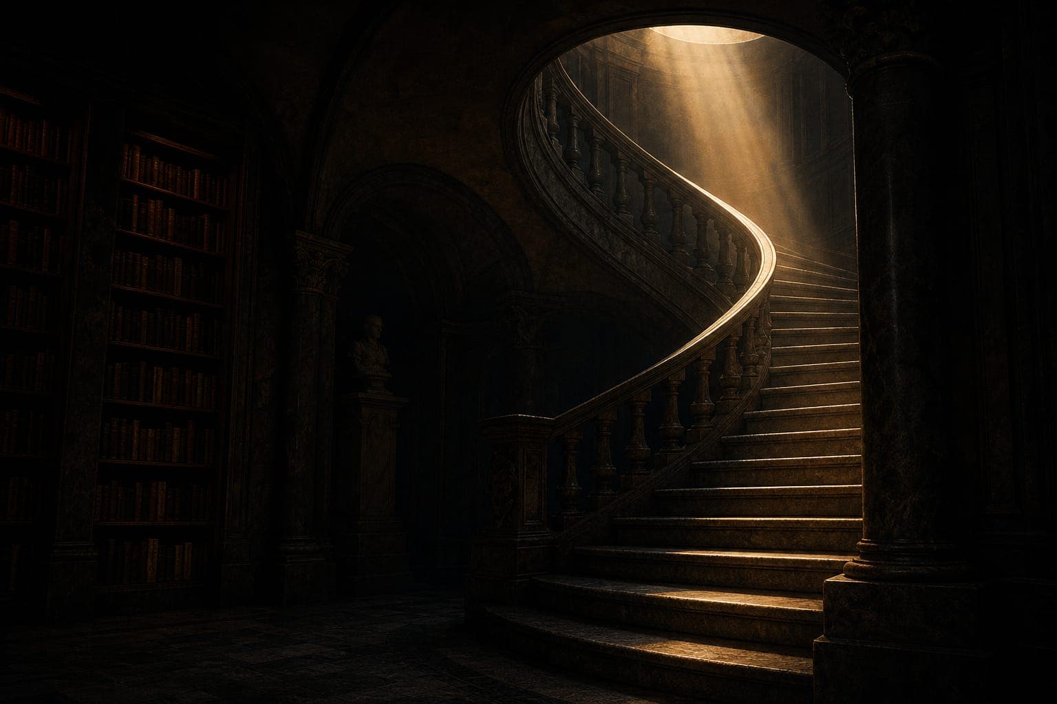 A grand dark staircase spiralling upward into a single shaft of warm light.