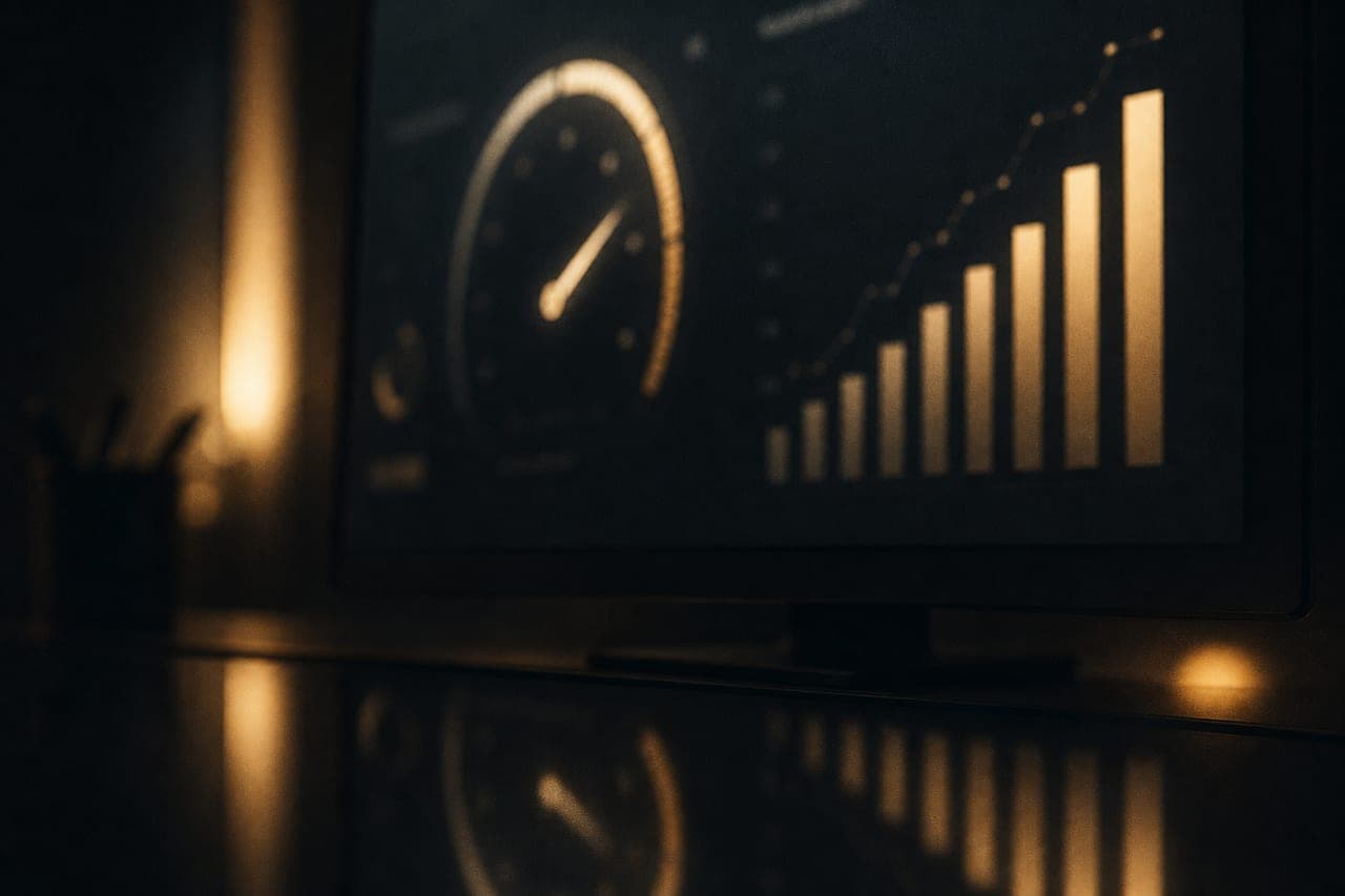 A dark monitor showing an out-of-focus performance dial and ascending graph.