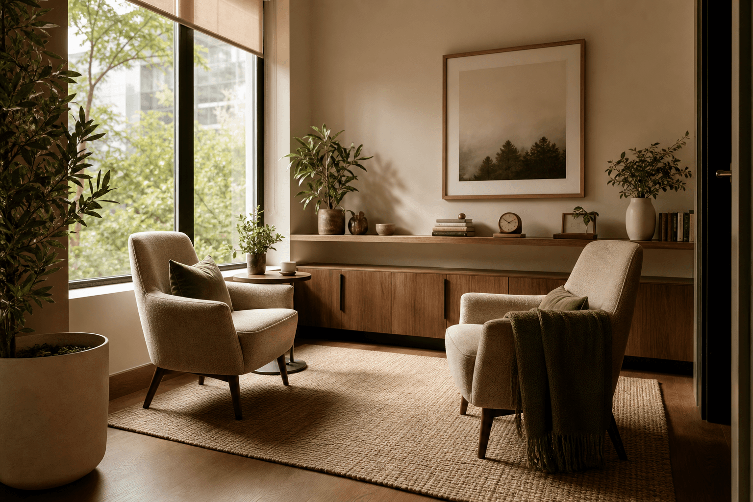Warm editorial photograph of a calm, design-forward therapy office with two chairs by a sunlit window