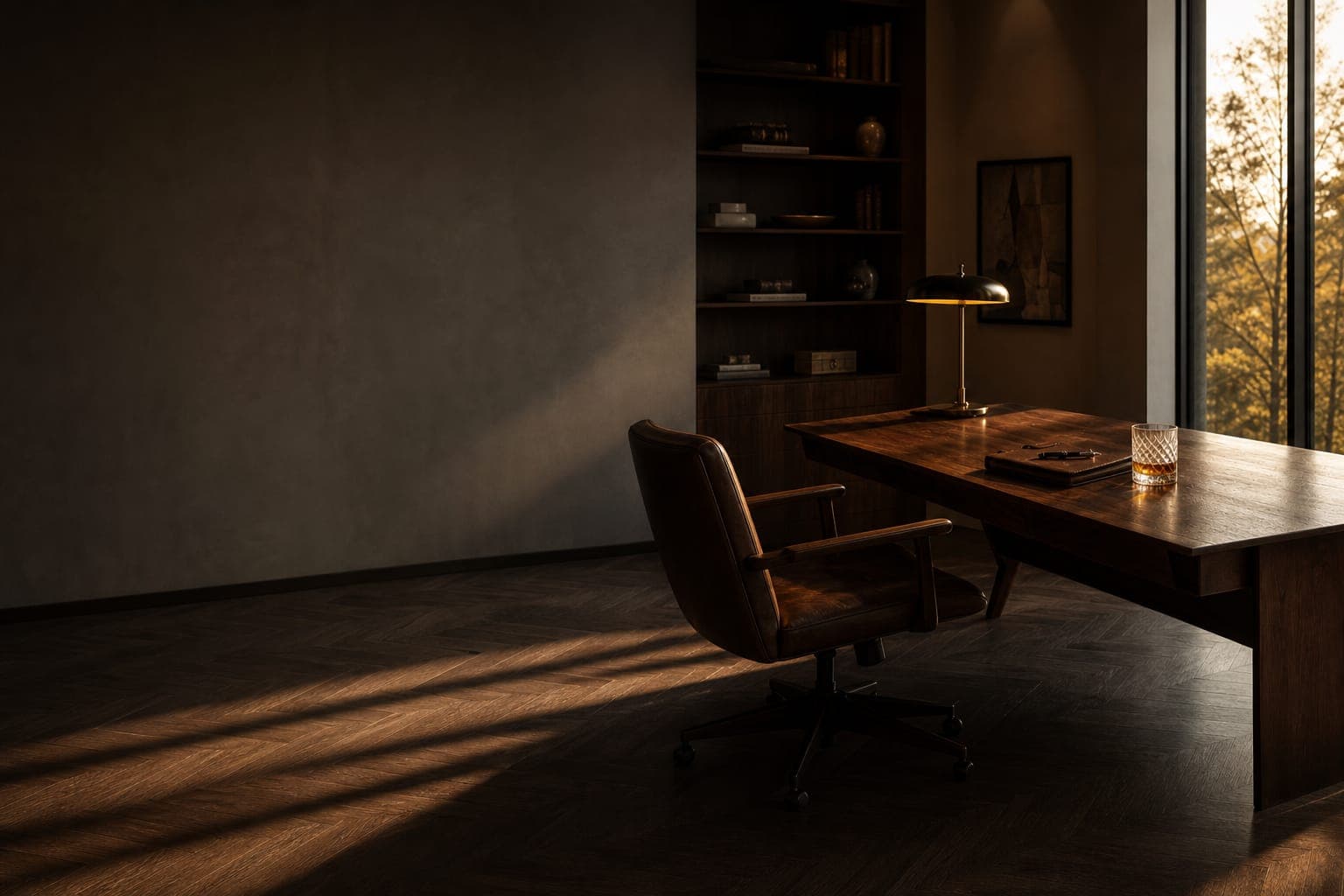 A calm, warm-lit executive office with a walnut desk and architectural shadow across the floor