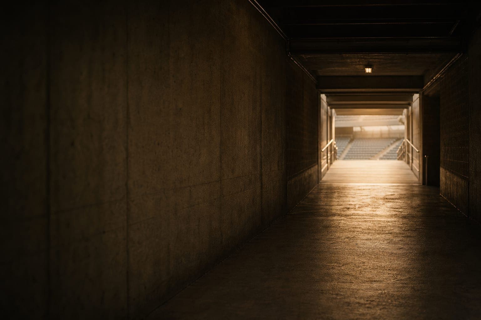 A warm low-light stadium tunnel of concrete leading toward daylight and empty stands