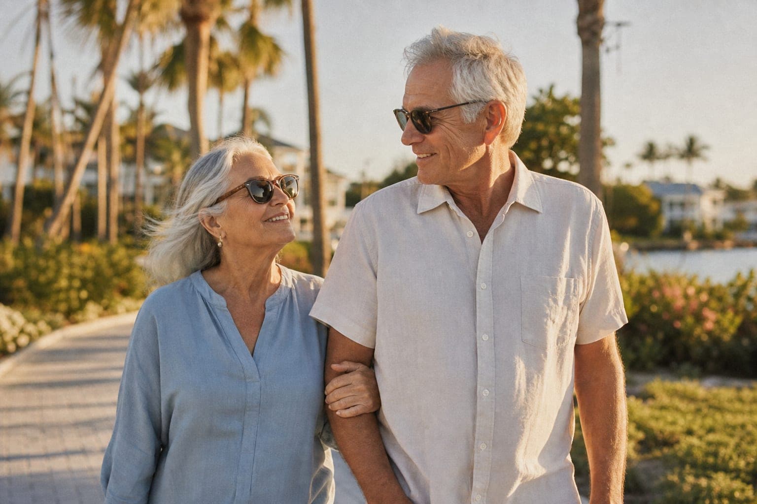 Warm editorial portrait of an older adult couple outdoors in a Florida community setting