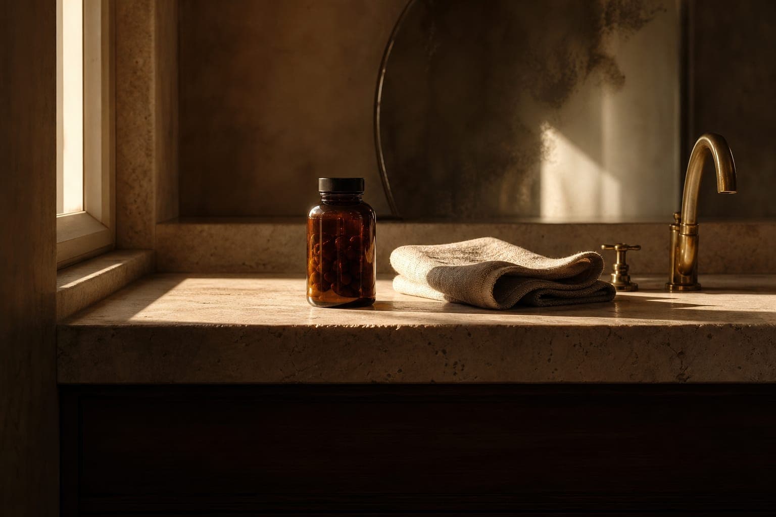Editorial wellness still life, warm neutral linen, soft morning sidelight