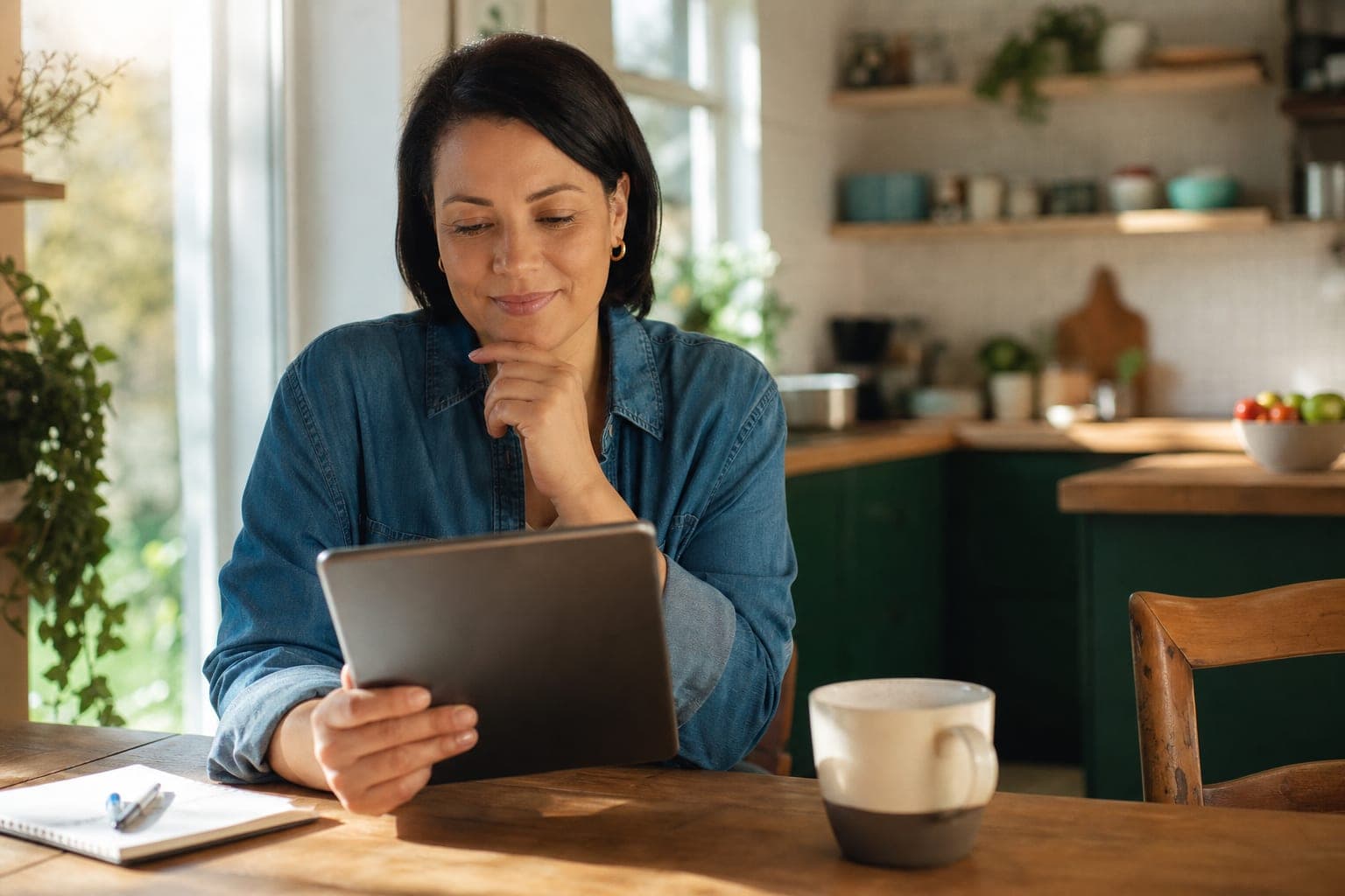 Warm editorial portrait of a person at home reviewing healthcare options on a tablet